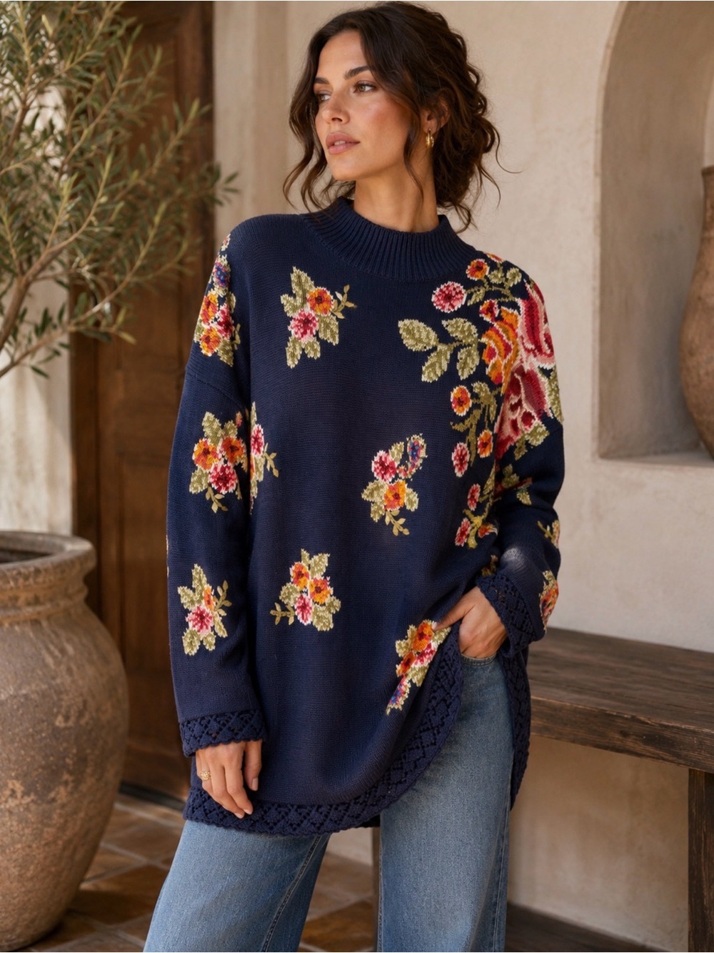 Vintage Marisa Christina Classics Floral Intarsia Knit Tunic Sweater XL